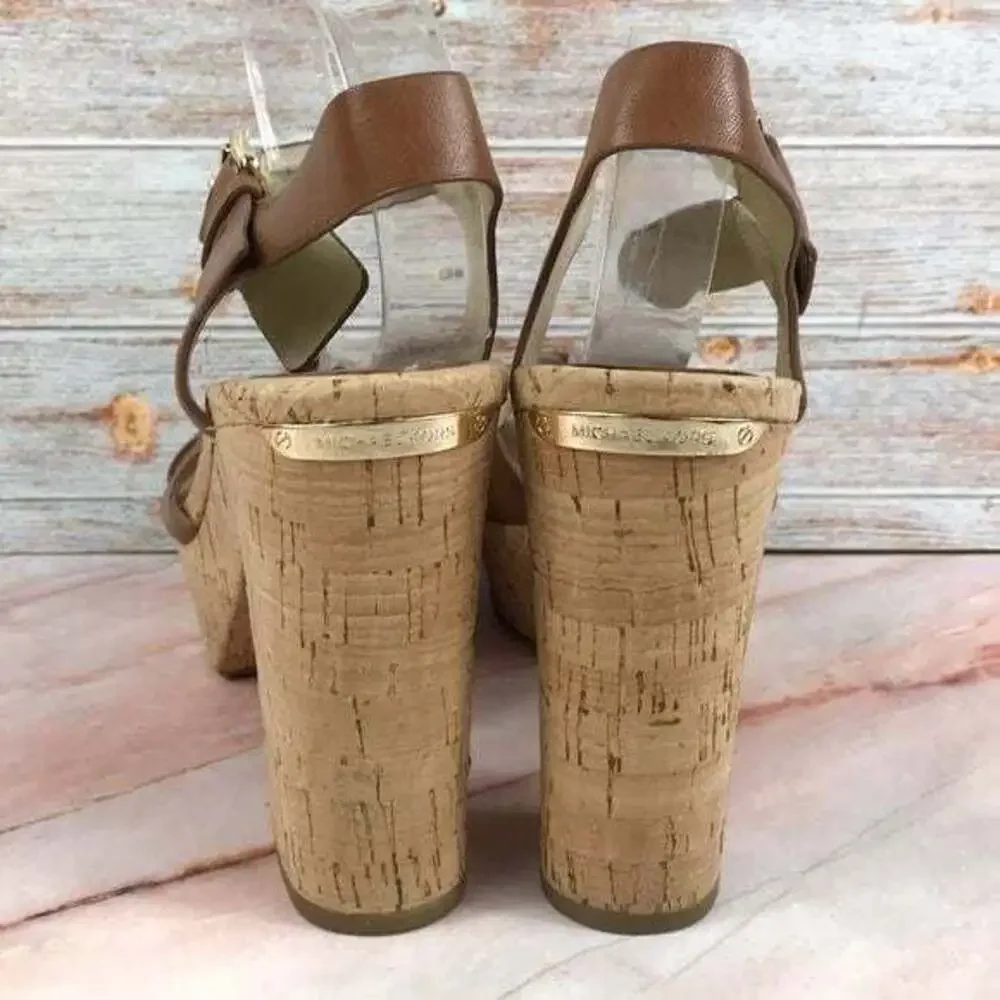 Michael by Michael Kors Natalia Cork Platform Sandal Brown Leather